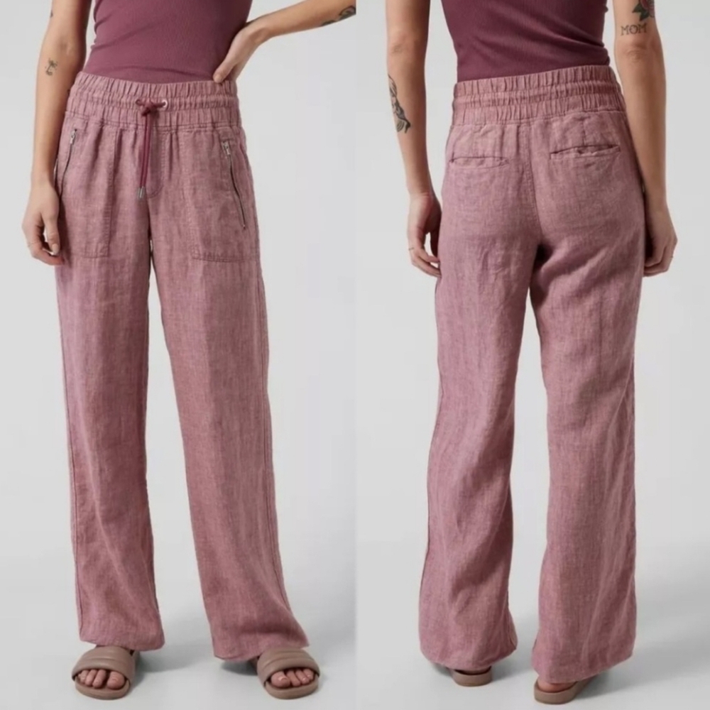 ATHLETA Womens Linen Relax Fit Pull On Pants Elastic Waist Pockets Tawny Rose 4P